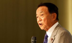 Former Prime Minister Taro Aso speaks during a forum in Taiwan in 2023.