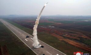 North Korea conducts a test launch of a "Pyoljji-1-2" new-type anti-aircraft missile in this photo released Saturday.